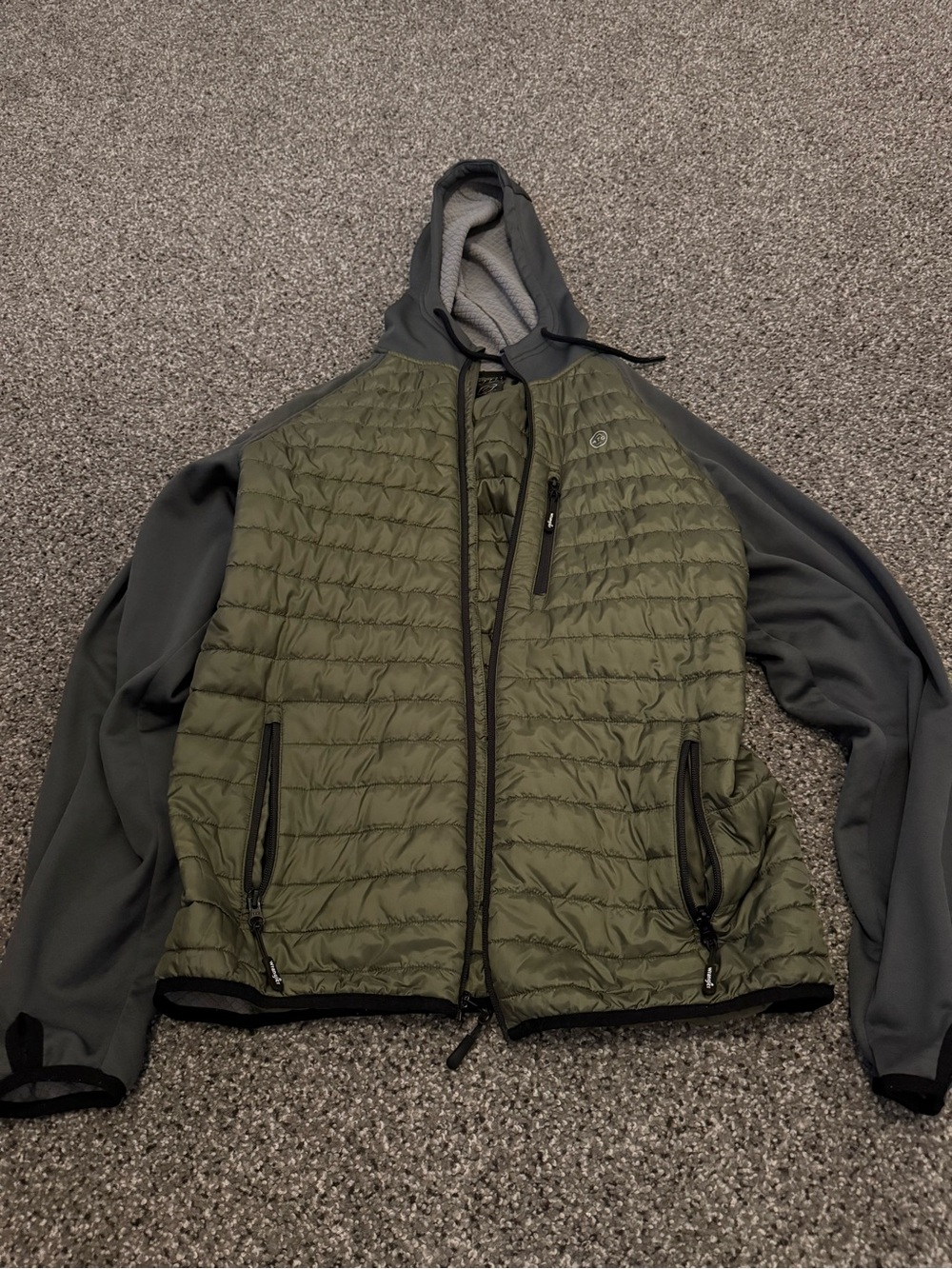 Wrangler Olive Green Quilted Hooded Bomber with Gray Sleeves